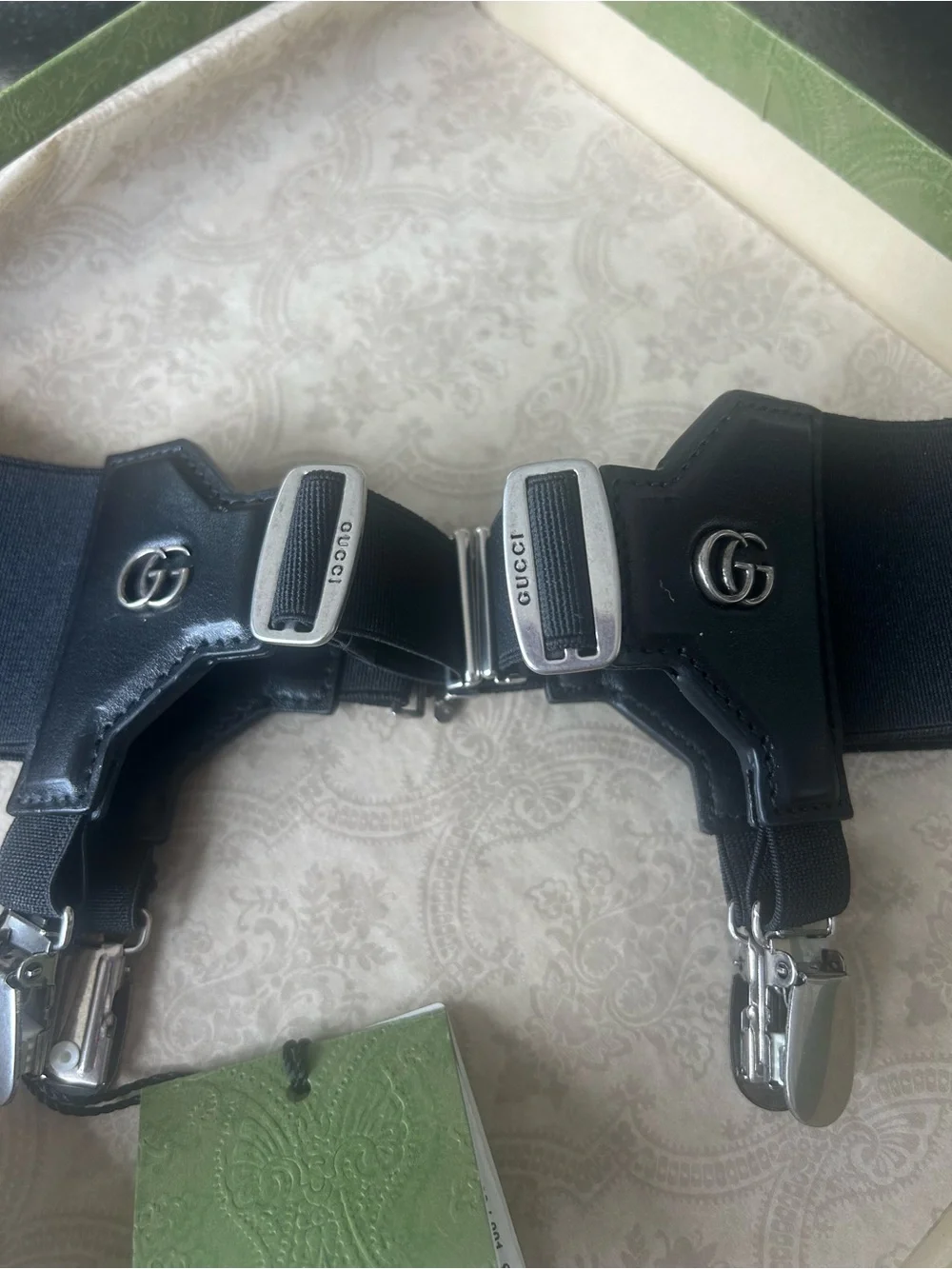 Gucci Black Leather and Elastic Garters with Silver-Tone Hardware